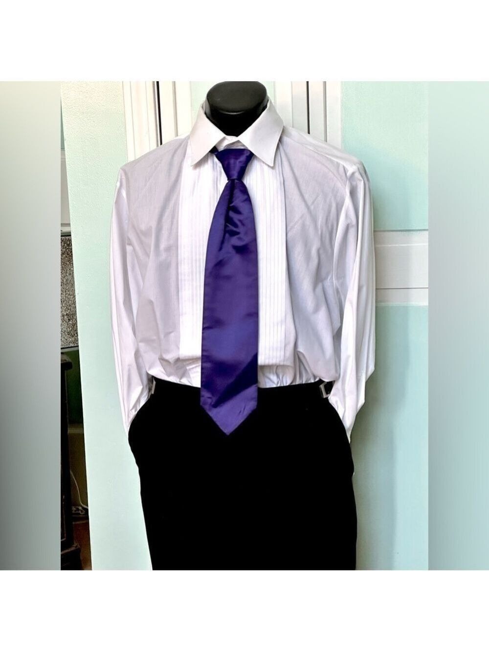 Royal Dark Purple Satin Tie Wedding Prom Tuxedo Pre Tied clip USED